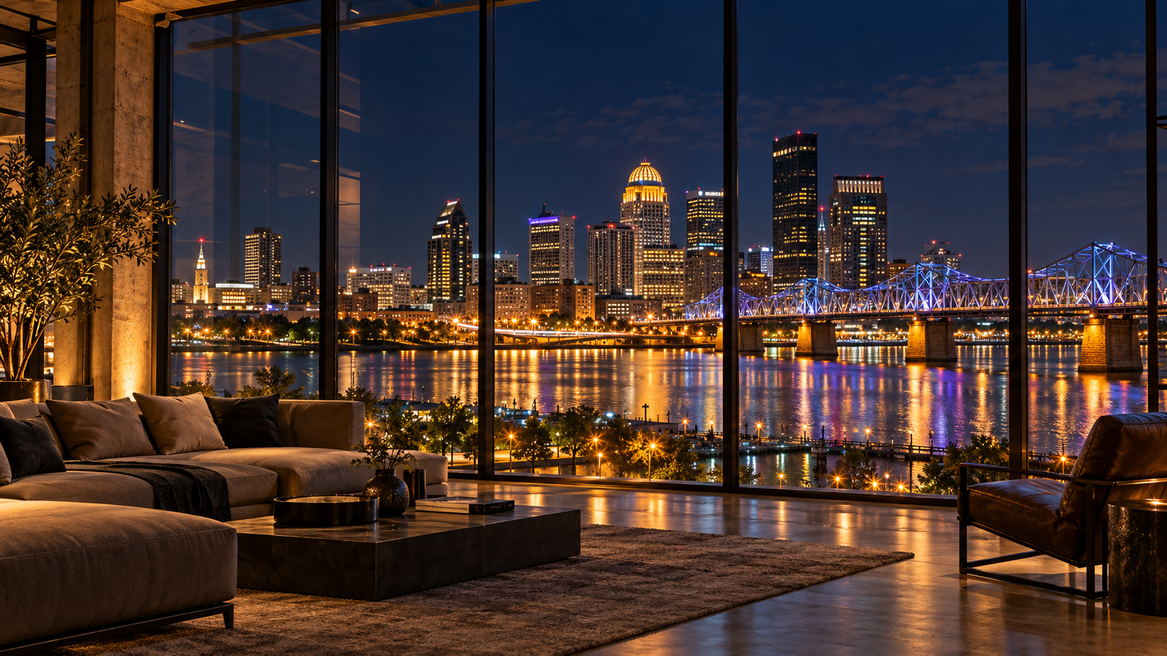 Louisville skyline and illuminated bridge through the loft windows